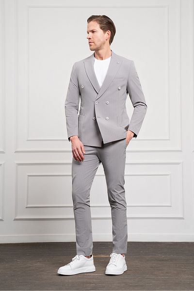 Morven Men's Gray Polyamide Trend Double Breasted Slim Fit Pointed Collar Suit