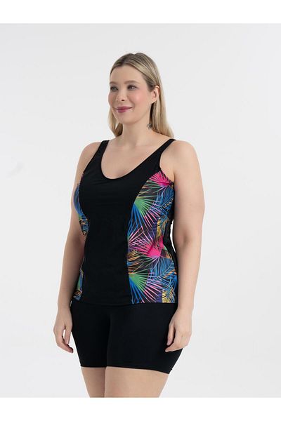 AQUAVİVA Aquaviva Women's Plus Size Black Palm Print Pamela Tankini with V Neck Shorts