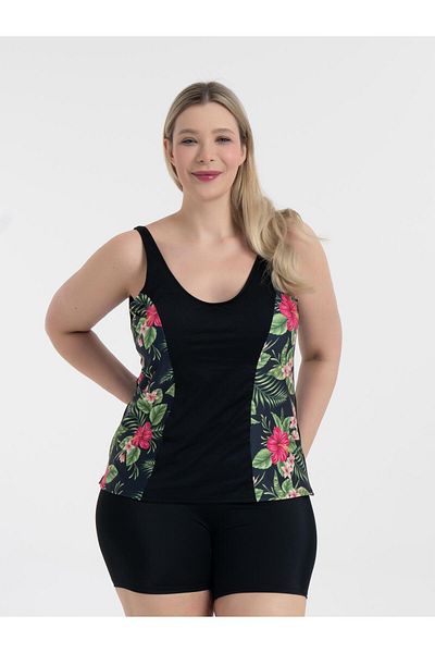 AQUAVİVA Aquaviva Women's Plus Size Black Violet Pattern Pamela Tankini with V Neck Shorts
