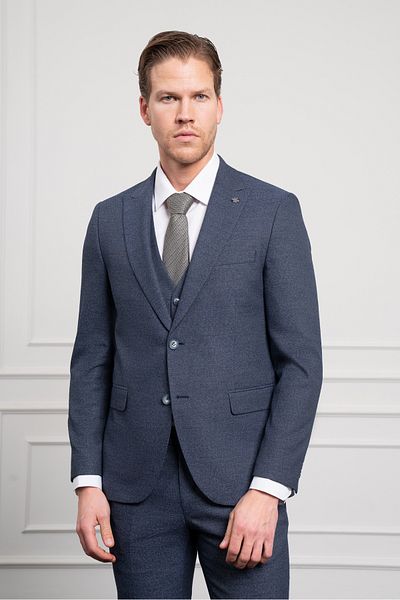 Morven Men's Navy Blue Polyviscon Trend Vest Patterned Slim Fit Pointed Collar Suit