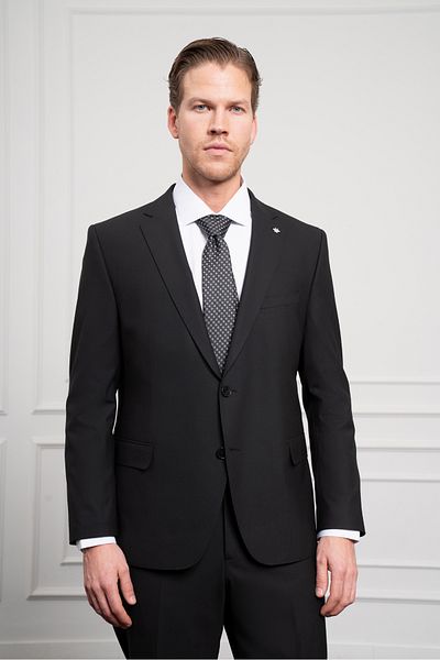 Morven Men's Black Woolen Platinum 4-Drop Dynamic Fit Mono Collar Suit