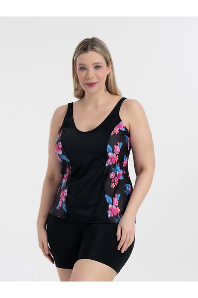 AQUAVİVA Aquaviva Women's Plus Size Black Floral Print Pamela Tankini with V Neck Shorts