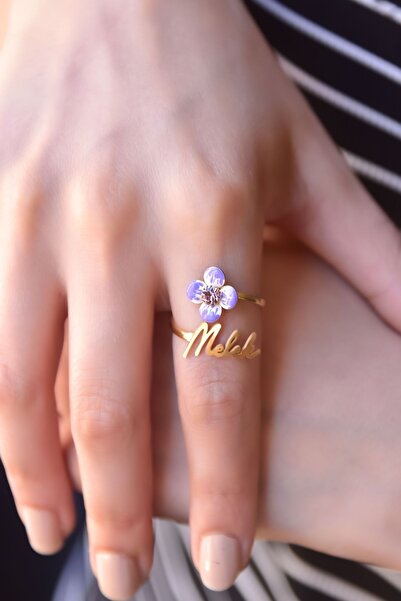 Papatya Silver 925 Ayar Gümüş Gold Kaplama Isimli Doğum Taşı Lila Mineli Yonca Yüzük