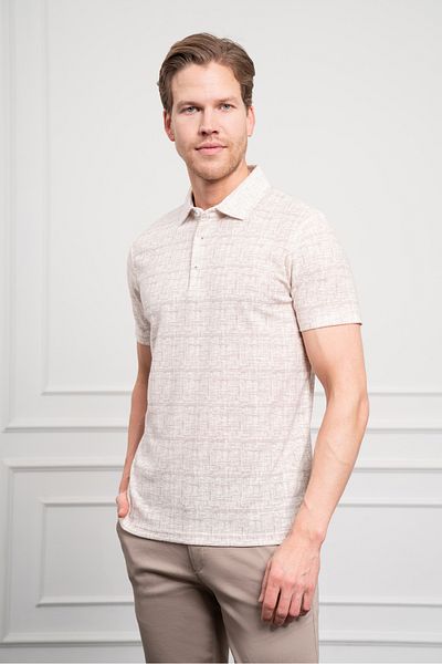 Morven Men's Beige Trend Polo Neck Patterned Dynamic Fit Relaxed Cut T-Shirt