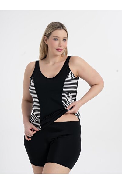 AQUAVİVA Aquaviva Women's Plus Size Black Striped Pamela Tankini with V Neck Shorts