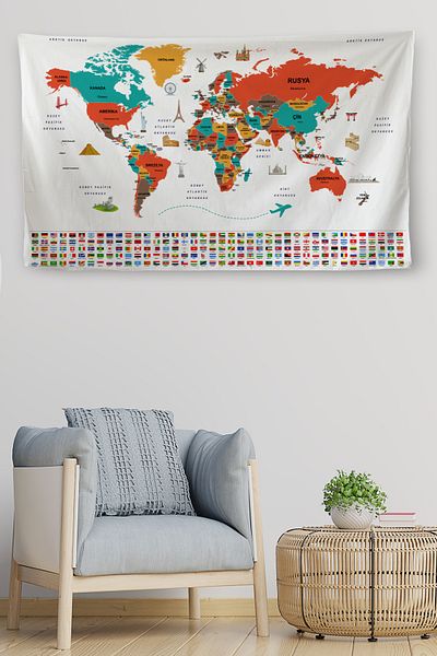 Lasirius Wall Cloth Flag Detailed Turkish Current World Map Canvas Wall Carpet