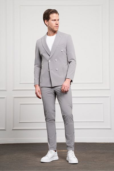 Morven Men's Gray Polyamide Trend Double Breasted Slim Fit Pointed Collar Suit