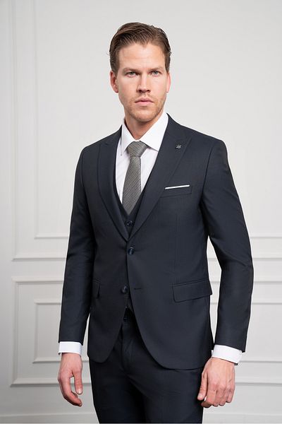 Morven Men's Navy Blue Trend Vest Slim Fit Slim Fit Pointed Collar Suit