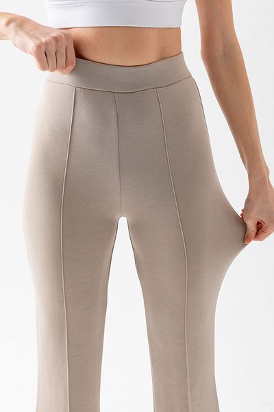 CNRCollection Women's Stone Color High Waist Gathering Stretchy Front Ribbed Modal Fabric Spanish Leggings Trousers