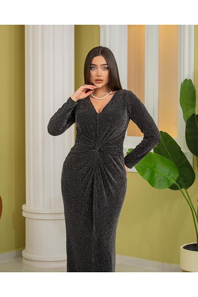Robes Women's V Neck Long Sleeve Shirring Detailed Shiny Long Evening Dress