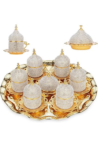 KT HOME Coffee Presentation Set Coffee Cup Set for 6 Turkish Coffee Cup Gold Crystal Stone