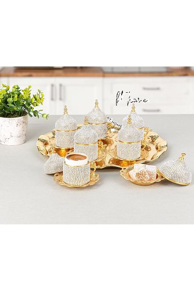 KT HOME Coffee Presentation Set Coffee Cup Set for 6 Turkish Coffee Cup Gold Crystal Stone