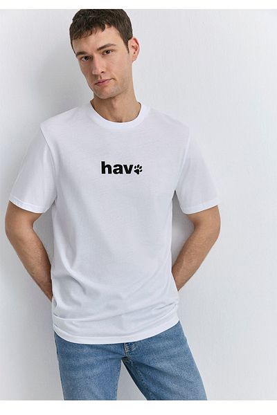 Mavi White Regular Fit T-Shirt with Houndstooth Print