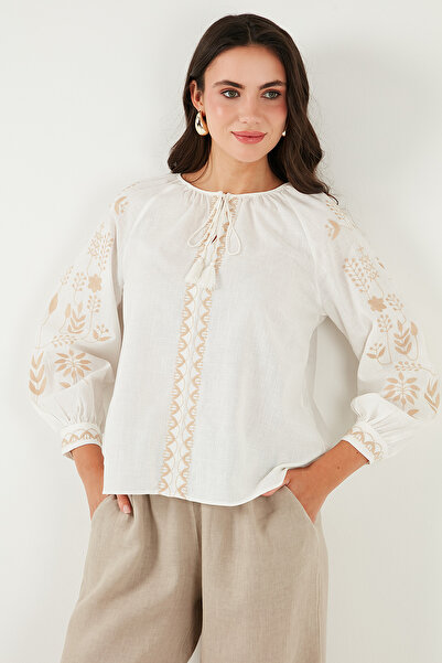 Lela Бавовняна блузка з регулярним кроєм, рукавами-ліхтариками та вишивкою BLUZ 6110936