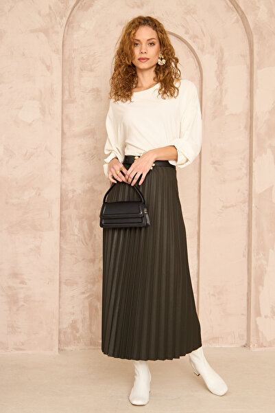 Lantliv Women's Leather Look Pleated Long Skirt
