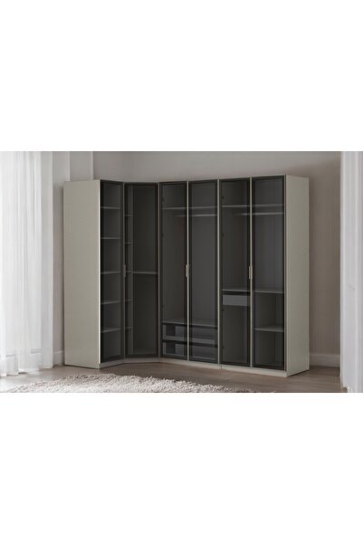 Vivense PANDOR NOX CAM GARDIROP, KÖŞE MODÜLLÜ, KREM