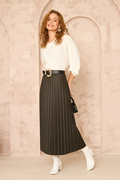 Lantliv Women's Leather Look Pleated Long Skirt