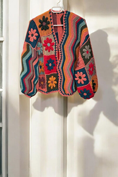 ThreadArtByNur Papatya Motifli Renkli Kadın Hırka,Papatya Crochet,Trend Hırka