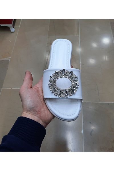 WHİTE LİNE Papuci pentru femei cu talpă moale, antiderapante, cu detalii de piatră