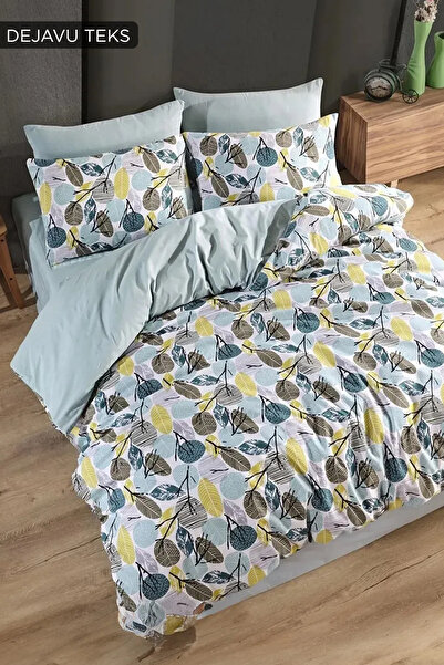dt dejavu.teks Set cuvertură dublă de lux din bumbac |   Set de lenjerie de pat din 4 piese cu model de frunze galbene și verzi