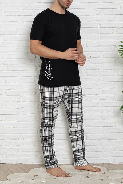 Edit by Trendyol Schwarzes, kariertes Strick-Pyjama-Set mit normaler Passform TMNSS25PT00046