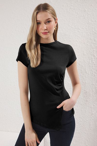 Trendyol Collection Asymmetrical Cutout Black Knitted Blouse - Drawstring and Slit Detail, Body-Fitting Twoss25Bz00380