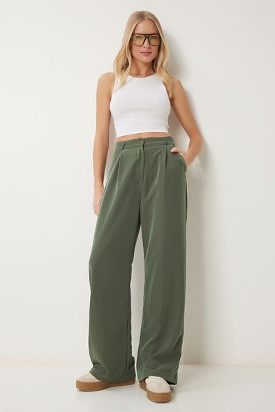 Happiness İstanbul Damskie spodnie khaki zwiewne Ayrobin Palazzo RV00112
