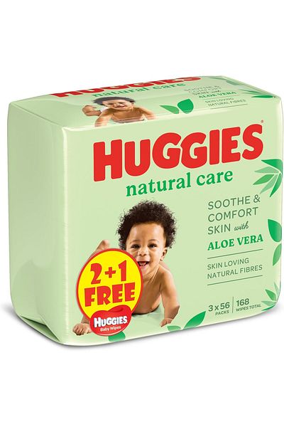 Huggies Natural Baby Wipes, Aloe Vera Wipes, 3 Pack x 56 Wipes (168 Wipes)