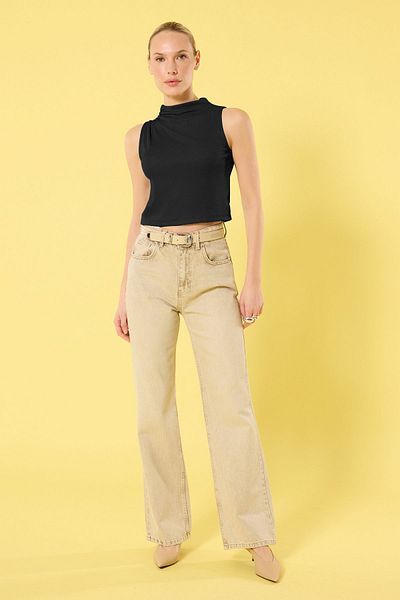 Trendyol Collection Black Drawstring Detail Regular/Normal Fit Crop Knitted Blouse Twoss25Bz00262