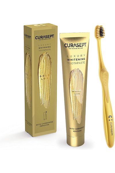 CURASEPT معجون أسنان جولد الفاخر لتبييض الأسنان، 75 مل + فرشاة أسنان