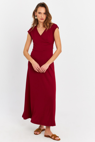 Cool & Modest Γυναικείο μίντι φόρεμα με μπορντό κουμπιά MEY0011