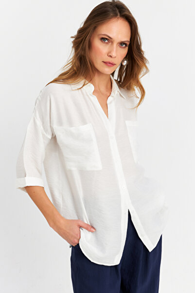Cool & Modest Kadın Ekru Keten Gömlek MELT170
