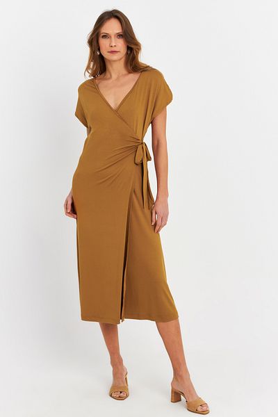 Cool & Sexy Γυναικείο Μίντι Φόρεμα Camel με διπλό στήθος EY3044