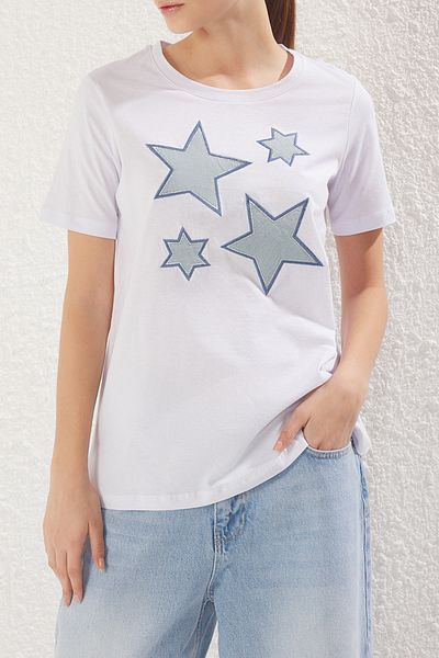 Edit by Trendyol White Star Embroidery Regular/Normal Fit Knitted T-Shirt Tedss25Ts00003
