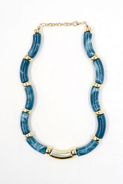 Trend Alaçatı Stili Indigoblaue Gold-Halskette mit detailliertem Knochenstein für Damen ALC-X13819
