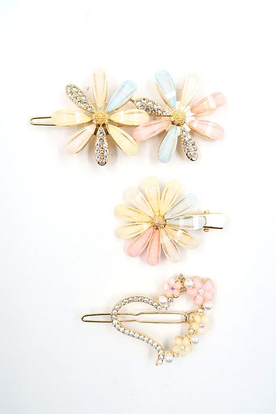 Trend Alaçatı Stili Women's Gold Mother of Pearl Floral Pearl Detailed Zircon Stone 3-Piece Hair Clip Set Alc-X13848