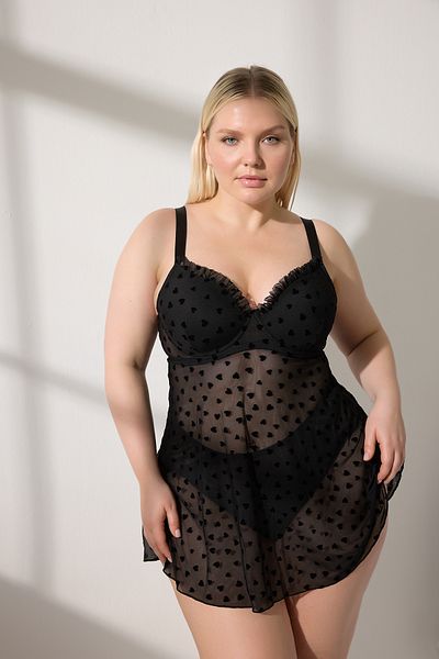Trendyol Curve Black Strap Flocked Babydoll Plus Size, Black Covered Adjusta