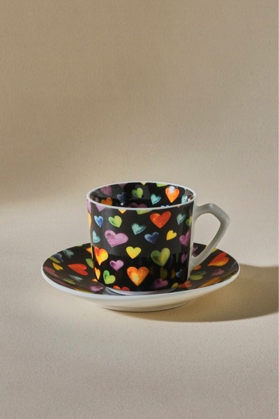 Karaca Black Love 2 - Round and Heart Patterned 80 ml Coffee Cup