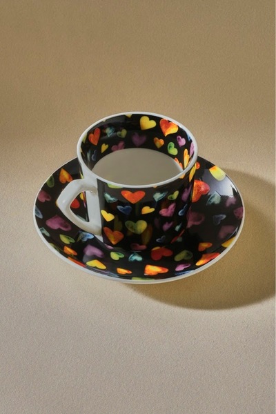 Karaca Black Love 2 - Round and Heart Patterned 80 ml Coffee Cup