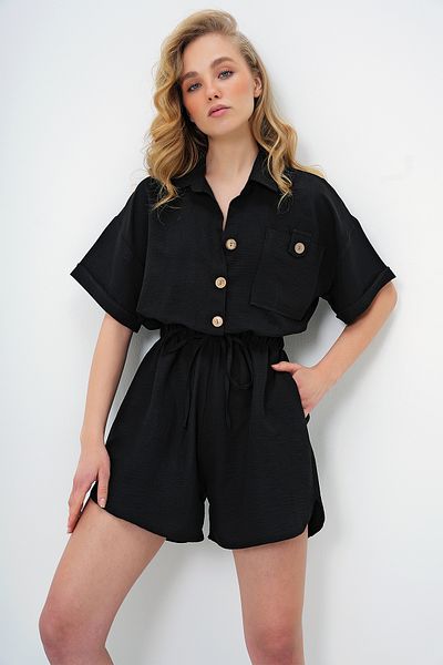 Trend Alaçatı Stili Női fekete inggalléros dupla zsebes rövidnadrág jumpsuit ALC-X11611