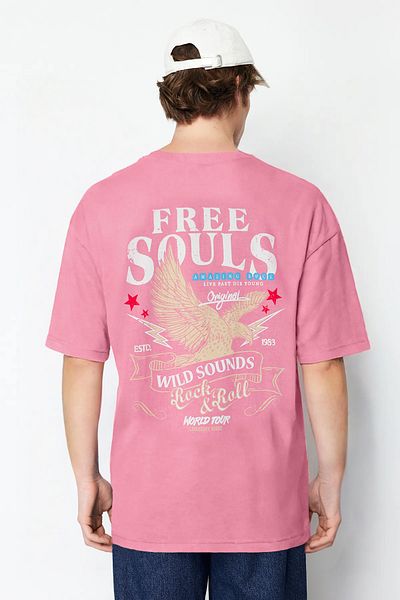 Trendyol Collection Oversize Pink Eagle εμπριμέ βαμβακερό μπλουζάκι - ξεθωριασμένο εφέ, TMNSS24TS00006