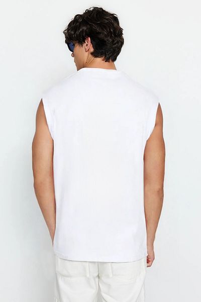 Trendyol Collection Bílé oversize/široký střih Basic Labeled 100% bavlna Tričko bez rukávů/Atlet