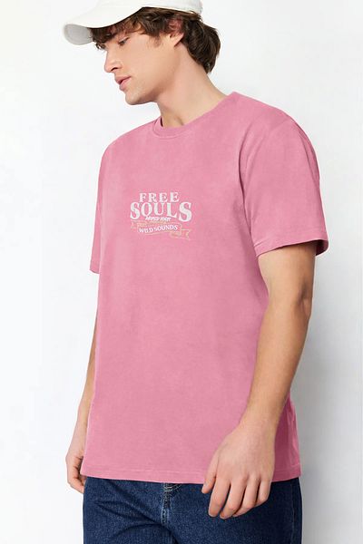 Trendyol Collection Oversize Pink Eagle εμπριμέ βαμβακερό μπλουζάκι - ξεθωριασμένο εφέ, TMNSS24TS00006