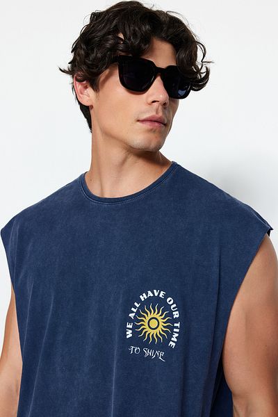 Trendyol Collection Indigo Pale Effect Printed Cotton Undershirt - Oversize TMNSS23AL00009