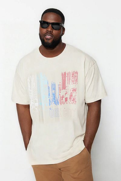 Trendyol Collection Plus Size Comfortable Crew Neck Stone Color T-Shirt - TMNSS23TS00141