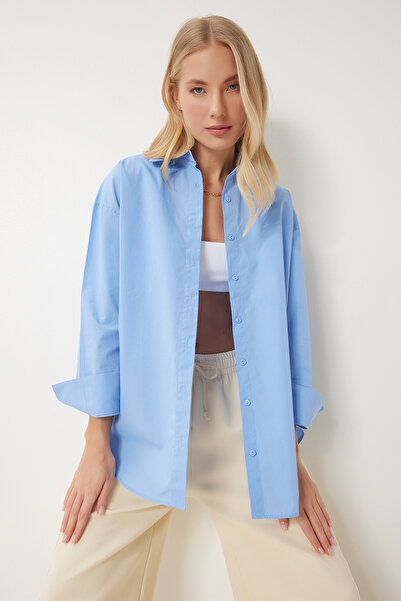 Happiness İstanbul Dámská modrá bavlněná oversize dlouhá košile Bp00169