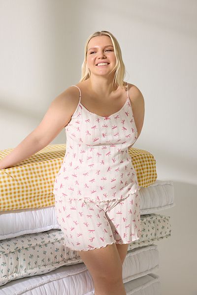 Trendyol Curve Rosafarbenes, durchbrochenes, gestricktes Pyjama-Set mit Schleifenmuster