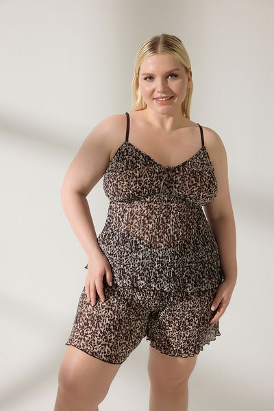 Trendyol Curve Multicolor Leopard Print Pleated Woven Pajamas Set Tbbss25Ai00089
