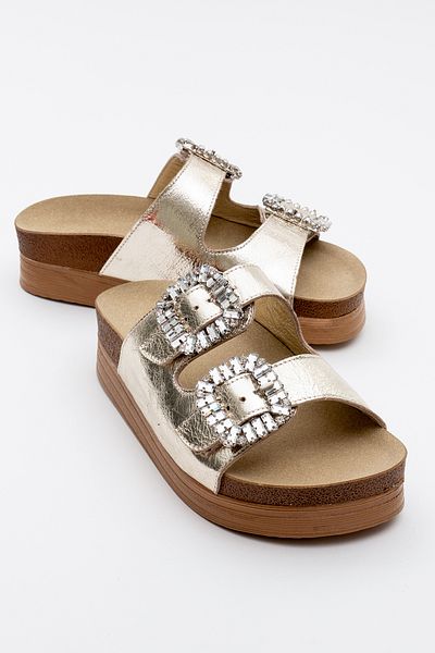 LuviShoes Papuci de damă cu talpă groasă POLACCA Gold Skin Stone, cu benzi duble, din piele naturală