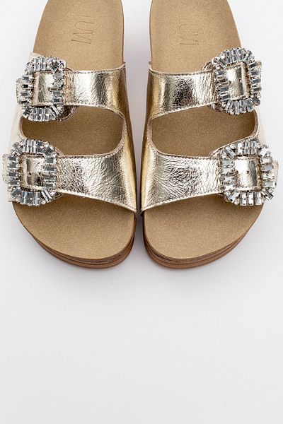 LuviShoes Papuci de damă cu talpă groasă POLACCA Gold Skin Stone, cu benzi duble, din piele naturală